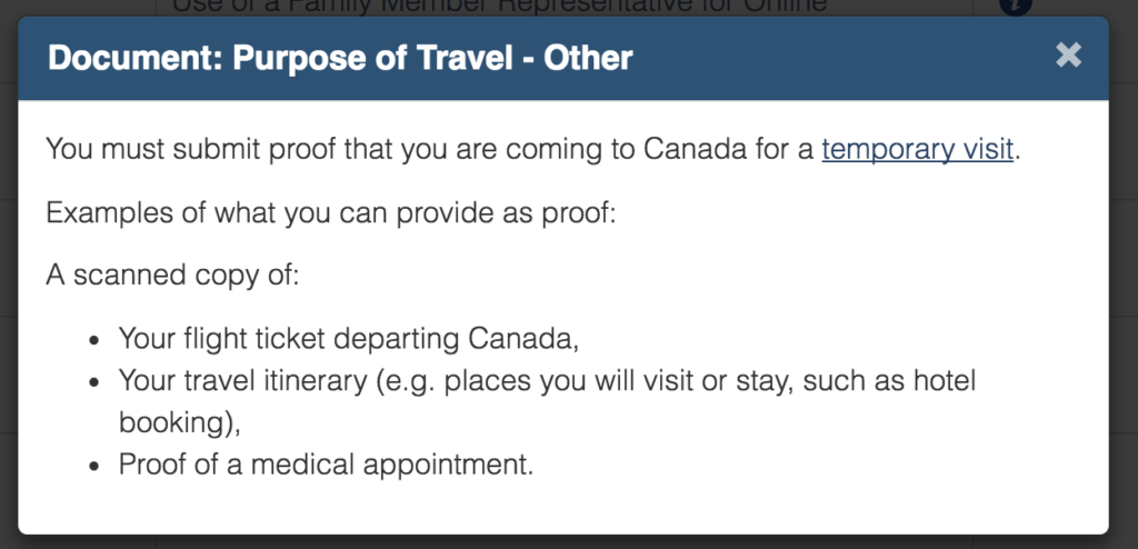 purpose of visit page on Immigration, Refugees and Citizenship Canada (IRCC) website 